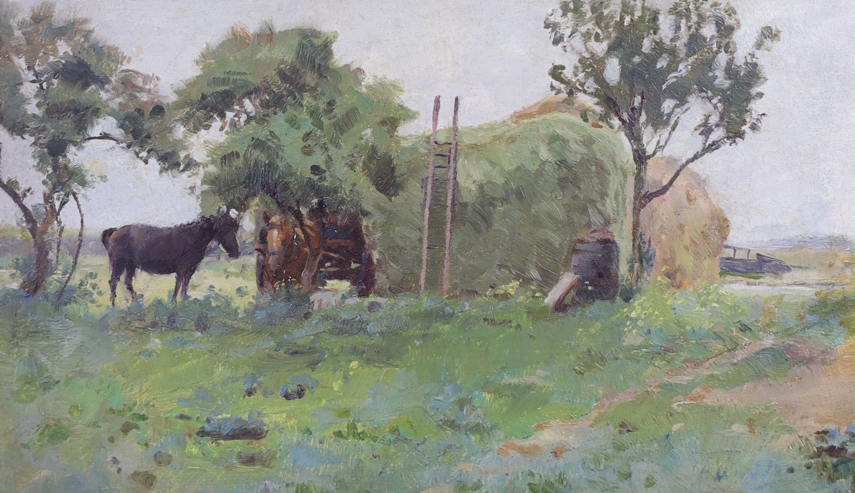 Percy Tarrant (1855-1934), oil on board, Horses beside a haystack, inscribed verso, 13 x 22cm